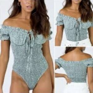 Hello Molly Bodysuit Mint Green Floral Smocked Tie Cottagecore Size 4